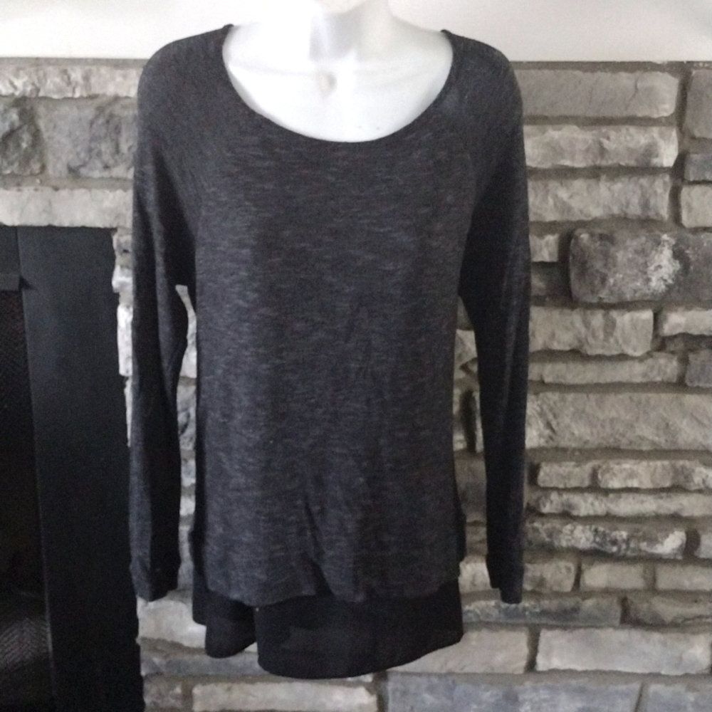 Gray scoop neck lightweight knitted sweater black sheer sheath underneath Large